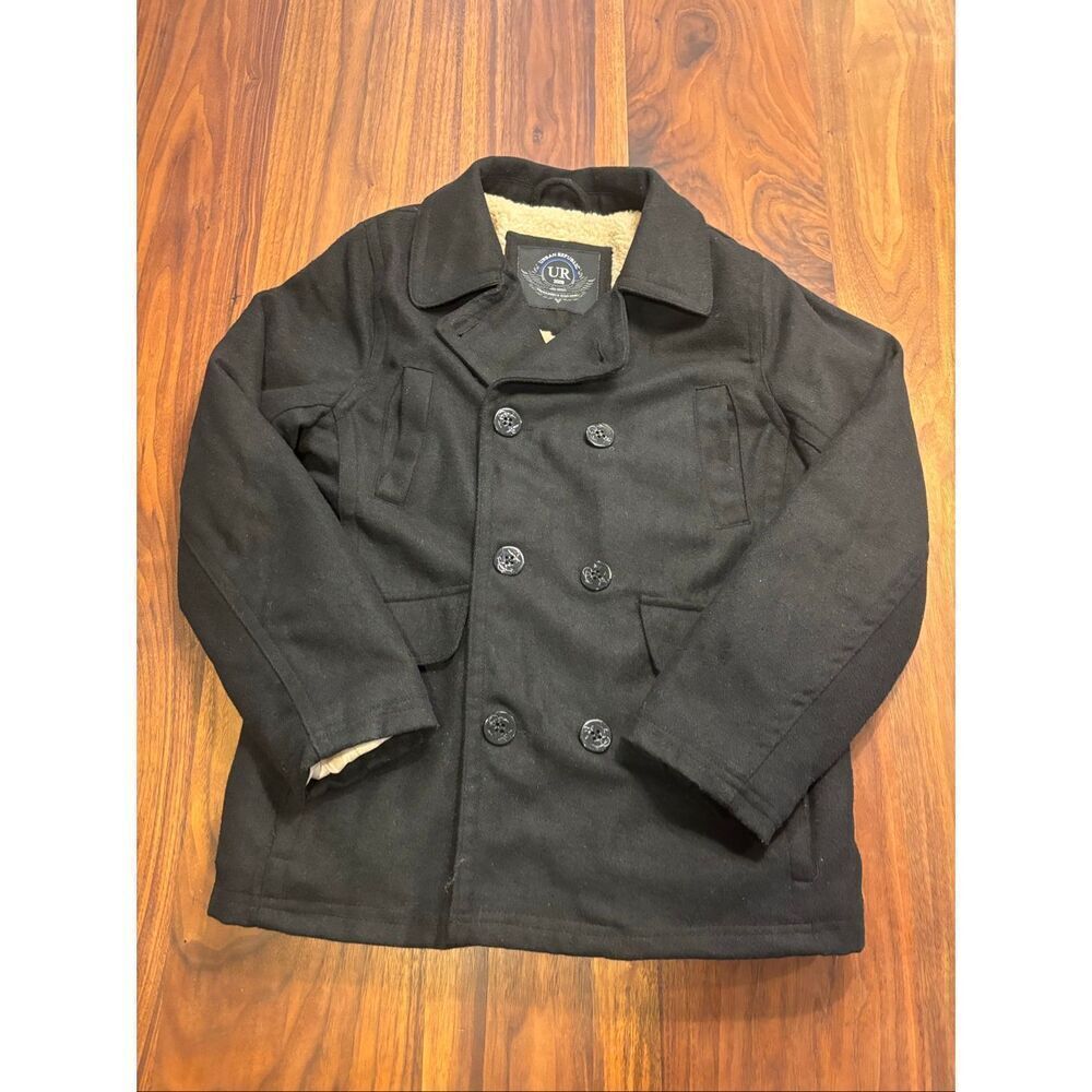 Urban Republic Boy's Black Wool Blend Faux Fur Double Breasted Peacoat Large